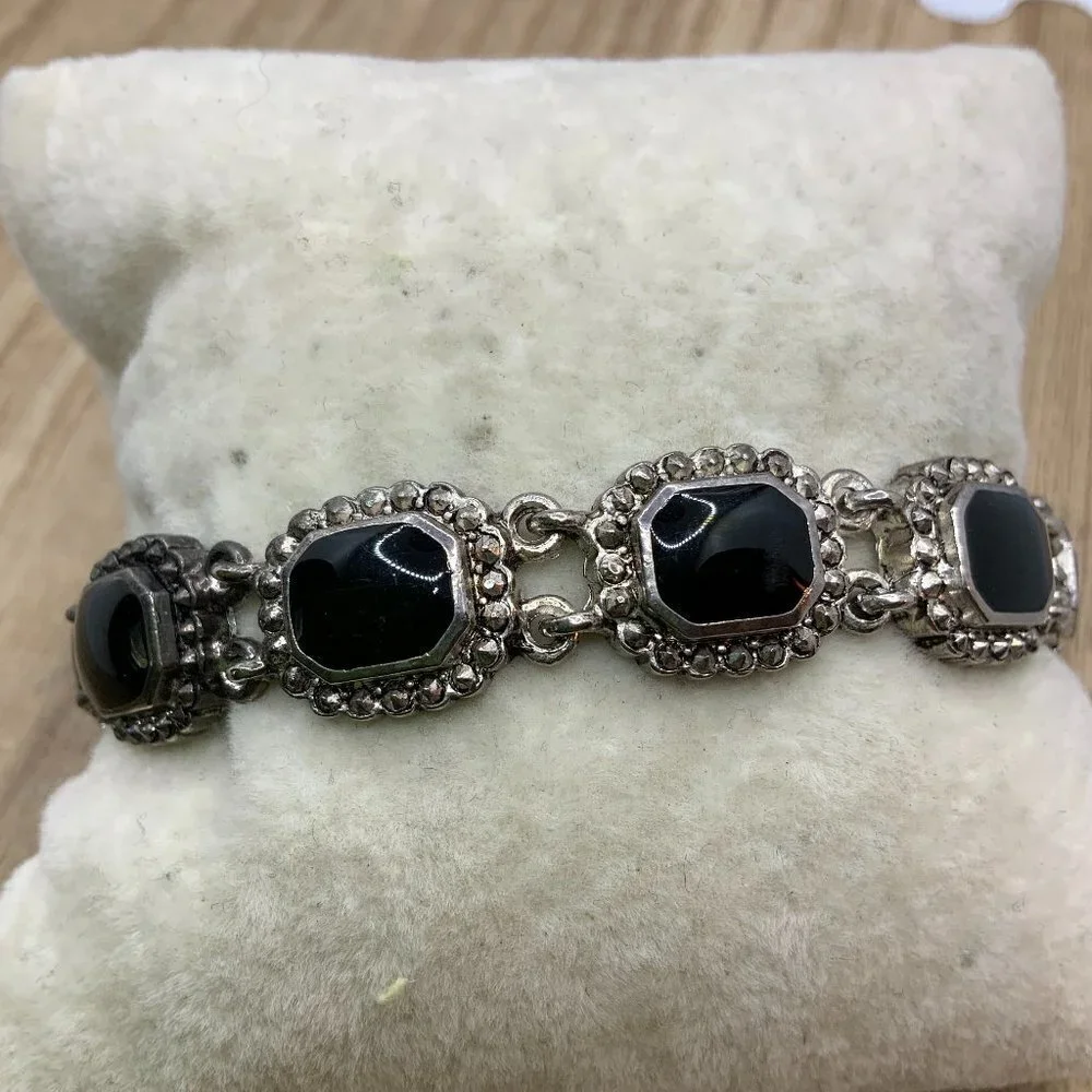 Black Faux Onyx Glass Antique Style Silver Tone Border Bracelet